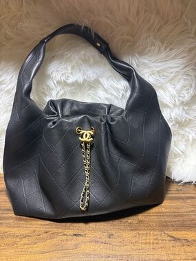 Black Quilted Leather Shoulder Bag with Gold Chain Detail